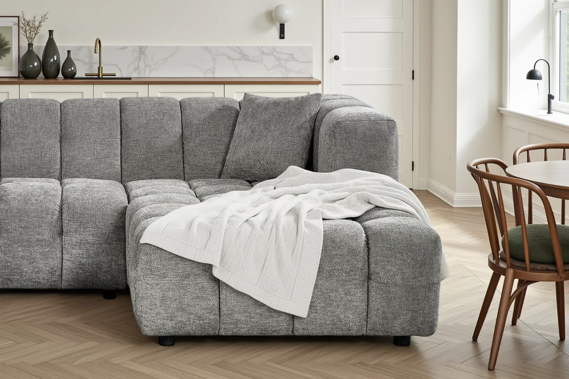 Pale Blue Chenille Fabric Right Hand Facing Corner Sofa LUGANO