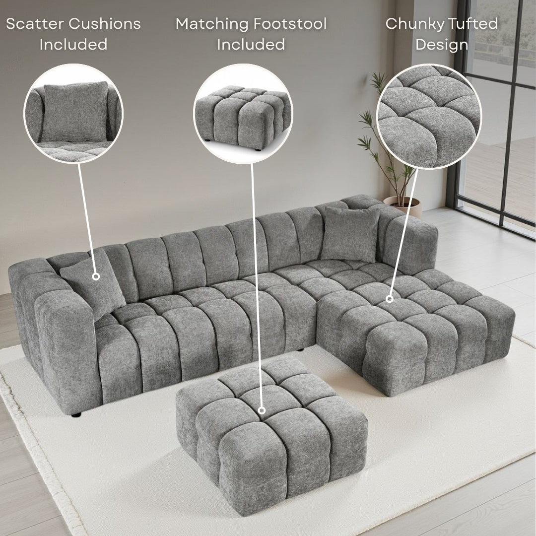 Sage Green Chenille Fabric Right Hand Facing Corner Sofa with Ottoman LUGANO
