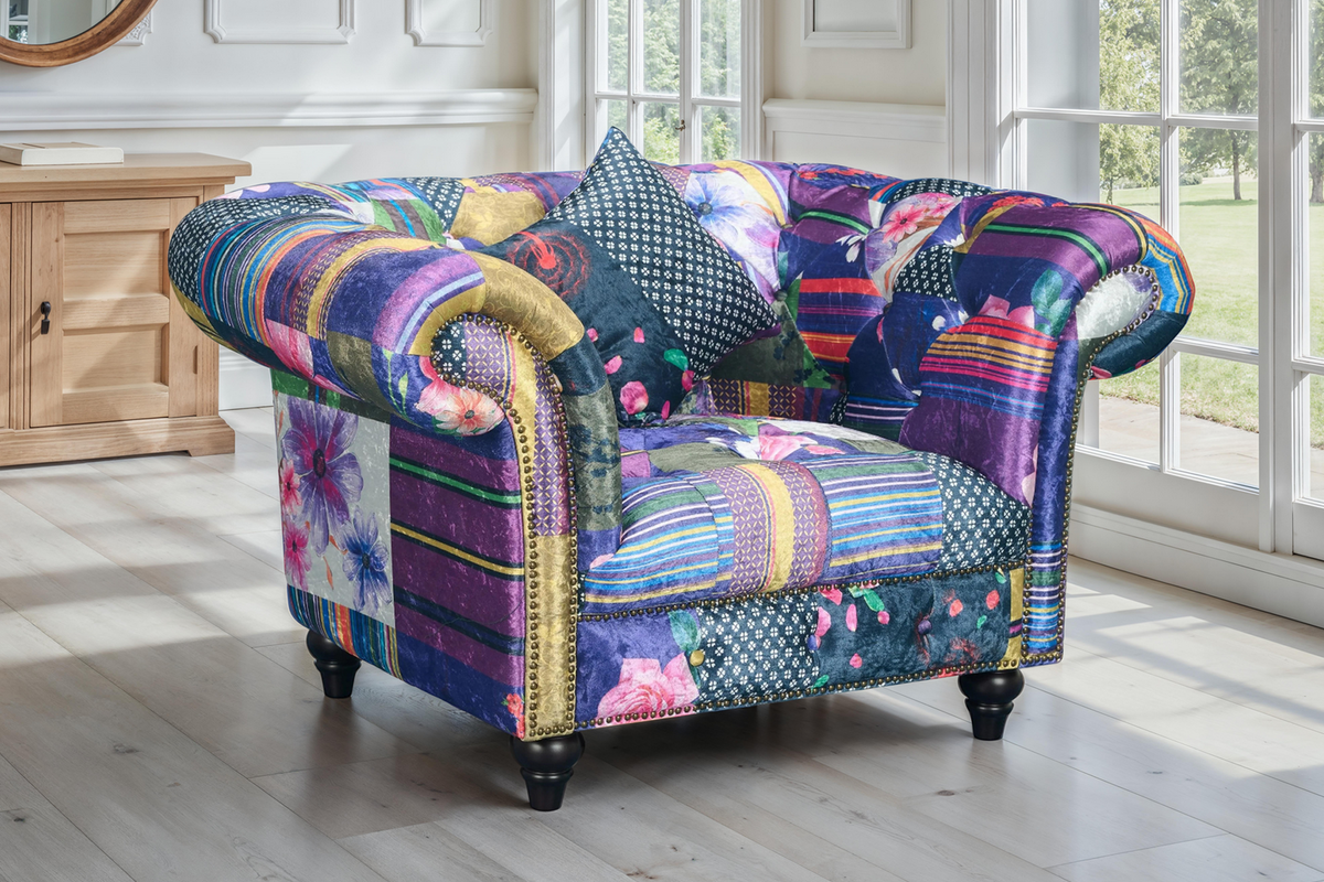 Multicoloured Fabric Patchwork 1 Seater Scroll Arm Chesterfield Portofino Sofa