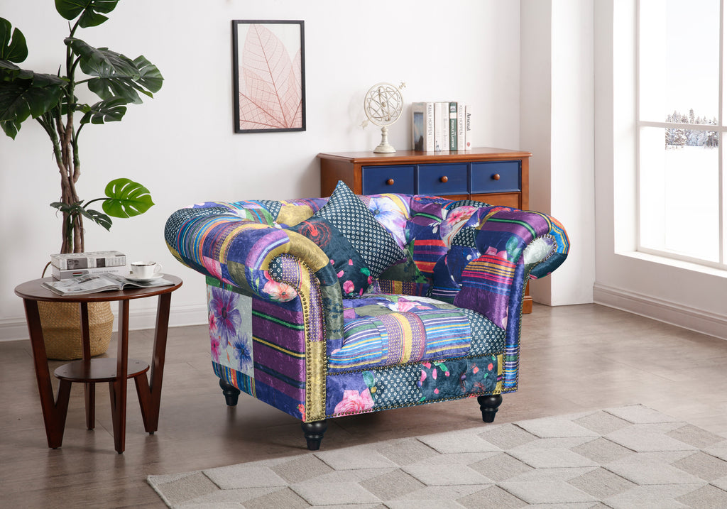 Multicoloured Fabric Patchwork 1 Seater Scroll Arm Chesterfield Portofino Sofa