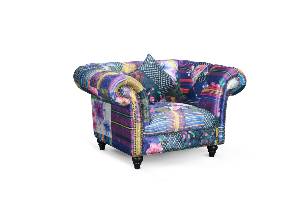 Multicoloured Fabric Patchwork 1 Seater Scroll Arm Chesterfield Portofino Sofa