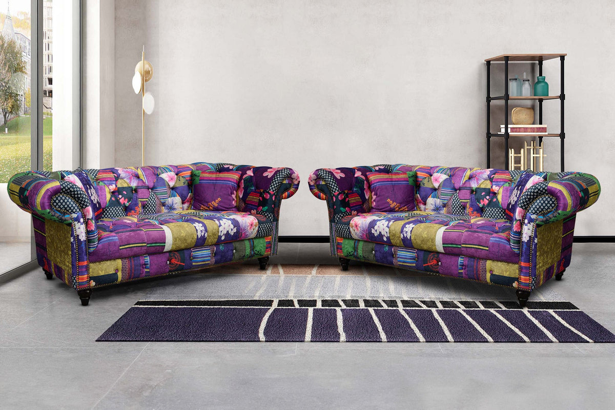 Multicoloured Fabric Patchwork 2+2 Seater Scroll Arm Chesterfield Portofino Sofa Set