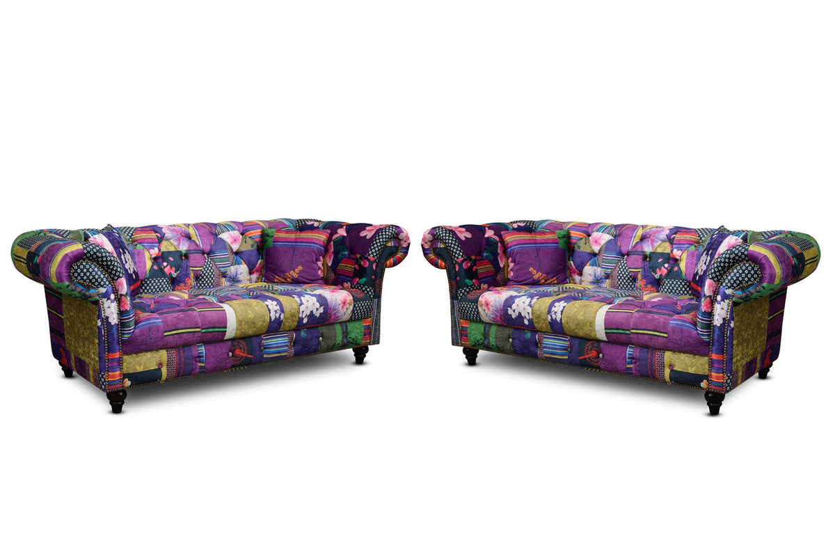 Multicoloured Fabric Patchwork 2+2 Seater Scroll Arm Chesterfield Portofino Sofa Set