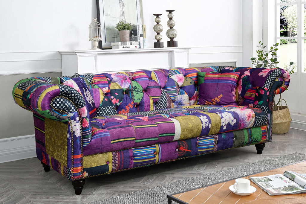 Modular Patchwork Sofa Multicoloured Fabric Patchwork 3 Seater Scroll Arm Chesterfield ...
