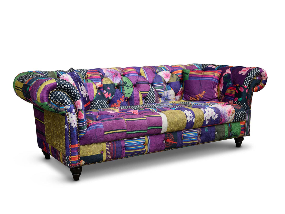 Multicoloured Fabric Patchwork 3 Seater Scroll Arm Chesterfield Portofino Sofa