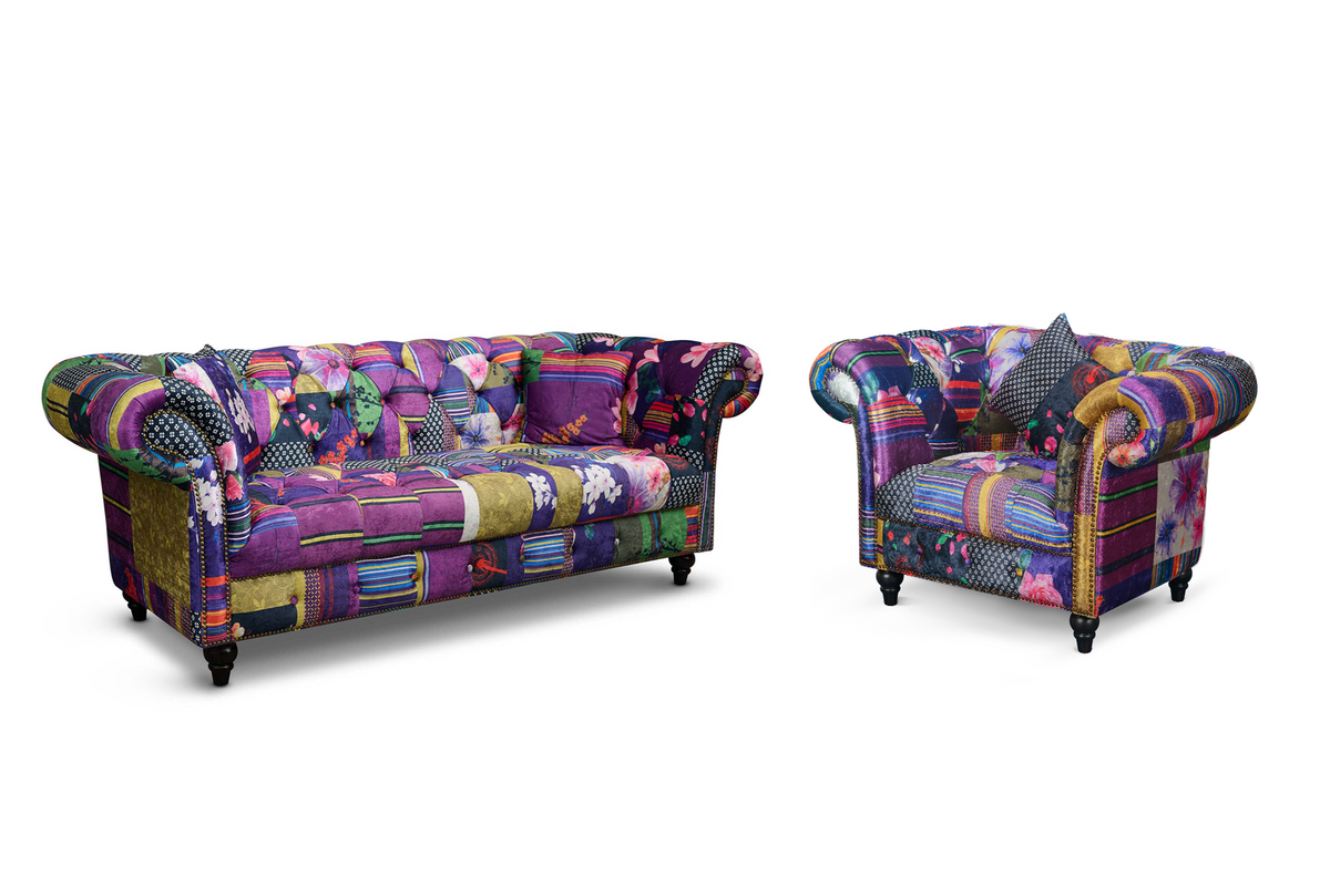 Multicoloured Fabric Patchwork 3 + 1 Seater Scroll Arm Chesterfield Sofa Set PORTOFINO