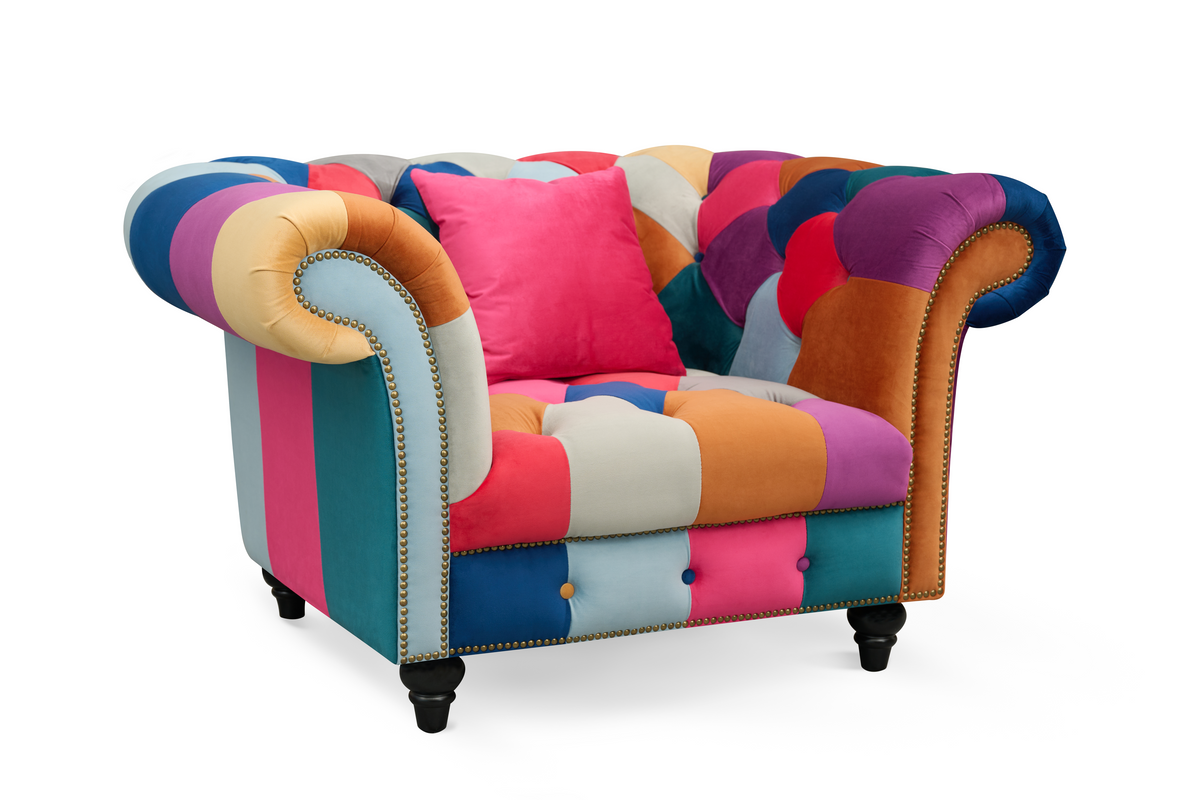 Multicoloured Velvet Patchwork 1 Seater Scroll Arm Chesterfield Portofino Sofa