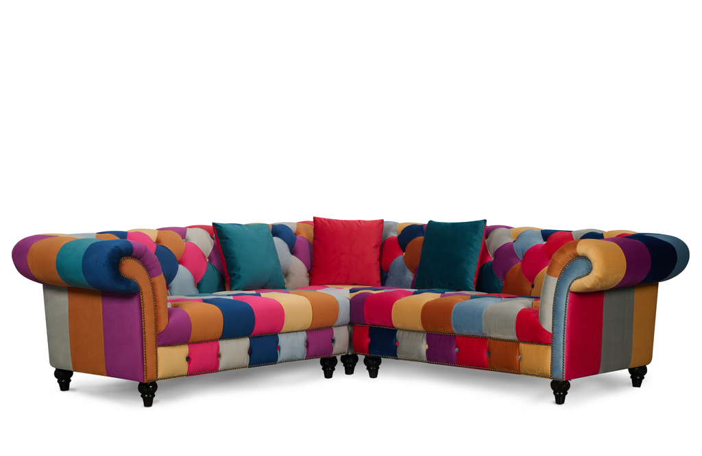 Multicoloured Velvet Patchwork 2C2 Seater Scroll Arm Chesterfield Portofino Corner Sofa