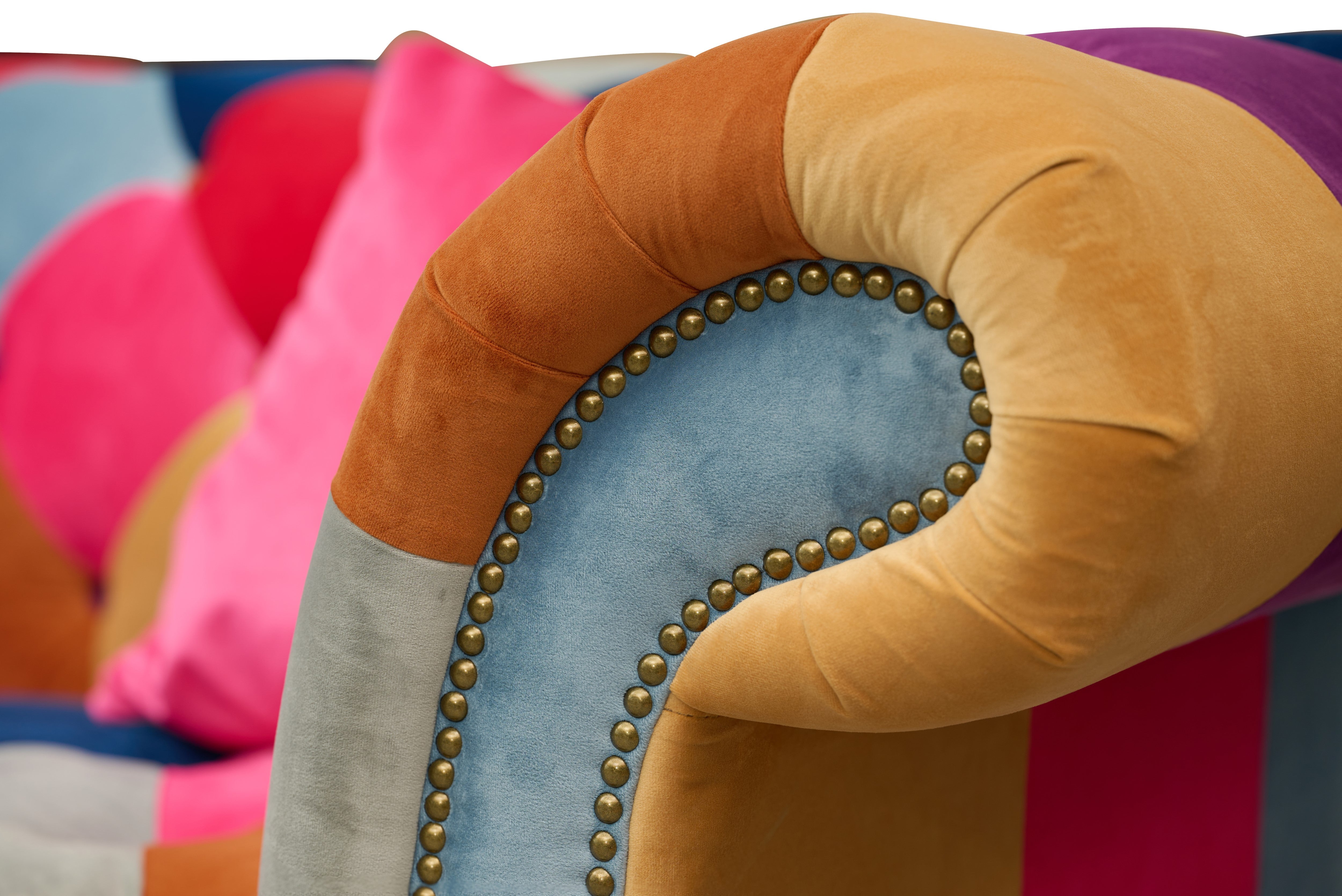 Scroll Pattern Velvet Multicoloured Velvet Patchwork 1 Seater Scroll Arm Chesterfield Sofa ...
