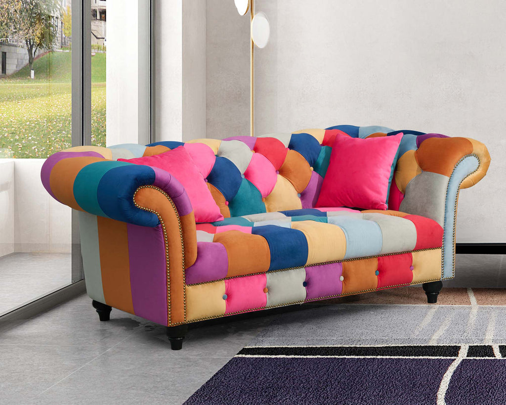 Multicoloured Velvet Patchwork 2 Seater Scroll Arm Chesterfield Portofino Sofa