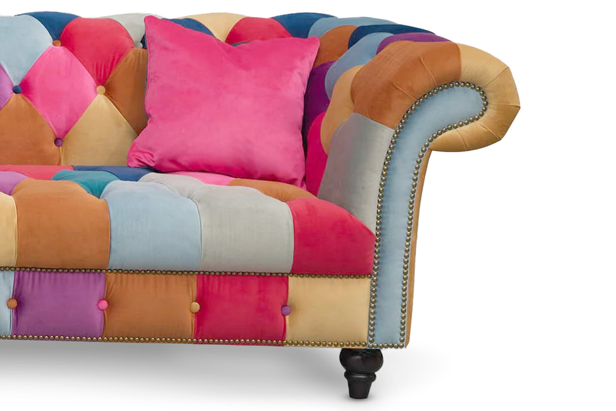 Multicoloured Velvet Patchwork 3 Seater Scroll Arm Chesterfield Portofino Sofa