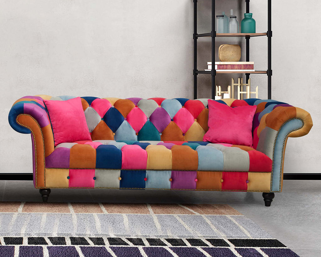 Multicoloured Velvet Patchwork 3 Seater Scroll Arm Chesterfield Portofino Sofa