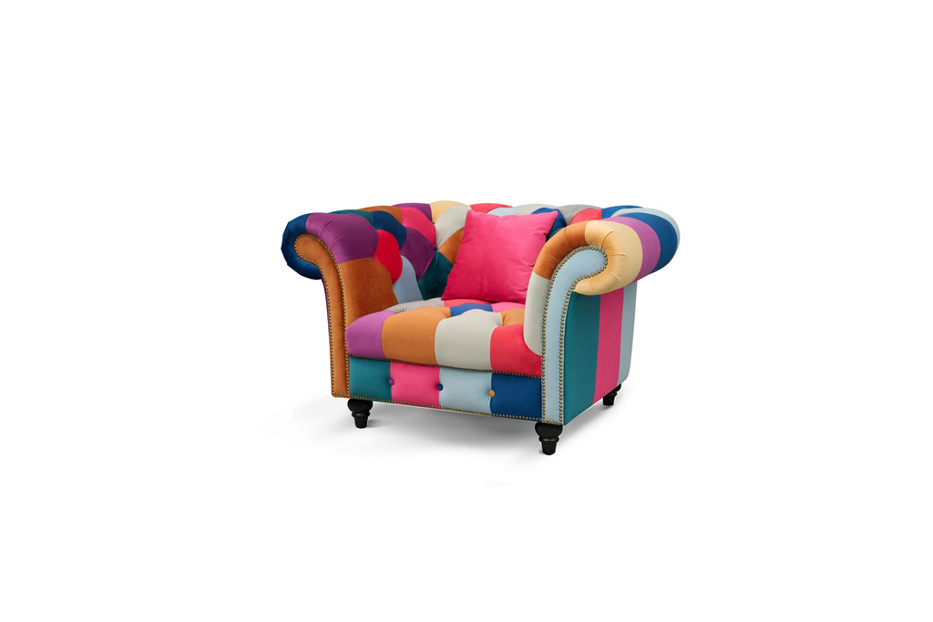 Multicoloured Velvet Patchwork 3 + 1 Seater Scroll Arm Chesterfield Portofino Sofa Set