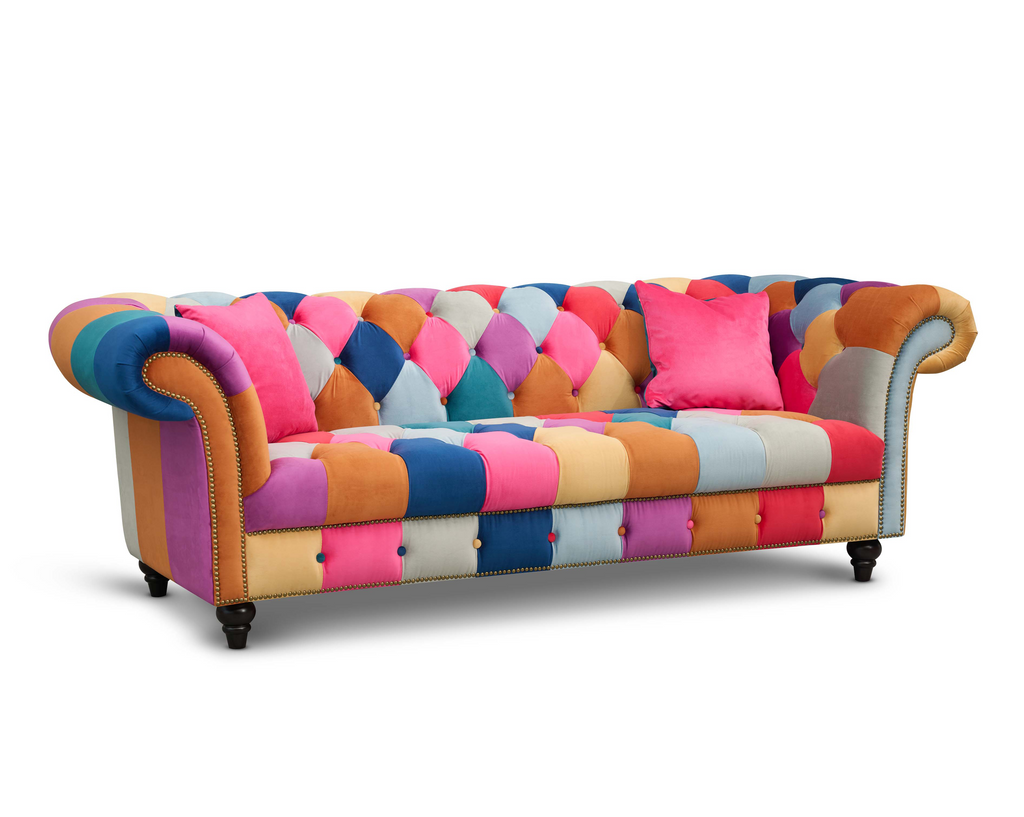 Multicoloured Velvet Patchwork 3 + 1 Seater Scroll Arm Chesterfield Portofino Sofa Set