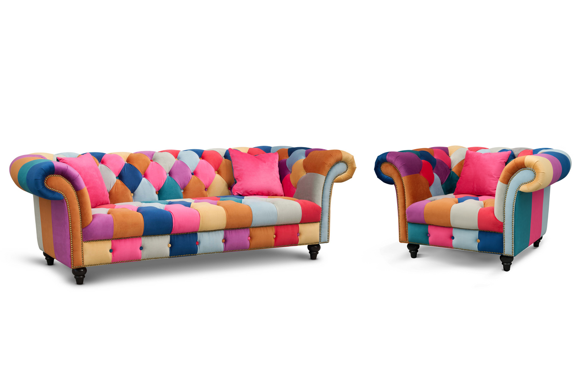 Multicoloured Velvet Patchwork 3 + 1 Seater Scroll Arm Chesterfield Portofino Sofa Set