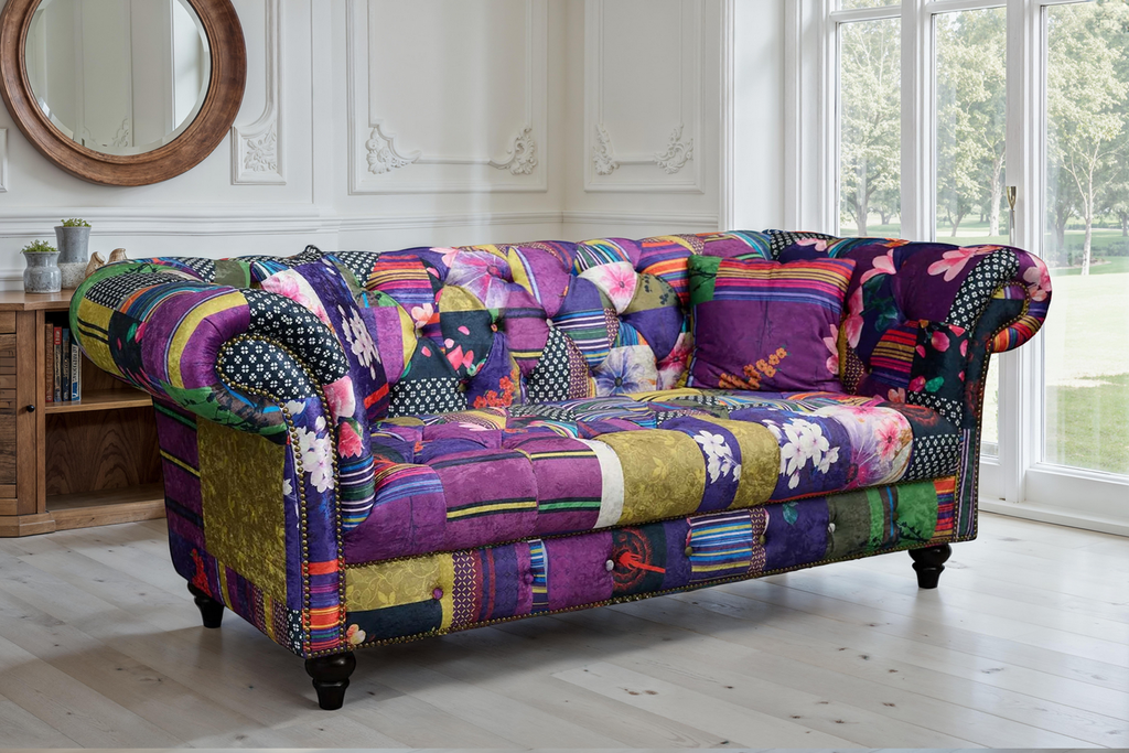 Multicoloured Fabric Patchwork 2 Seater Scroll Arm Chesterfield Portofino Sofa Background