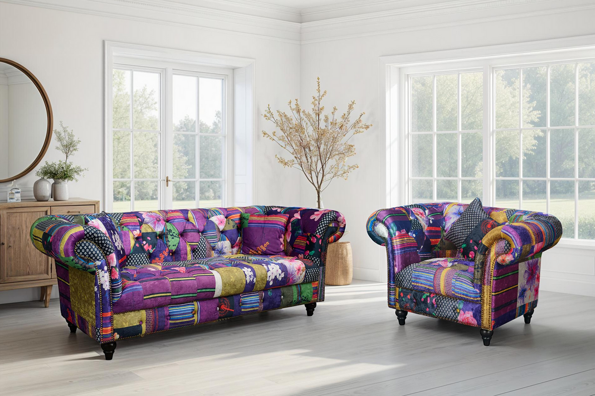 Multicoloured Fabric Patchwork 3 + 1 Seater Scroll Arm Chesterfield Portofino Sofa Set Background