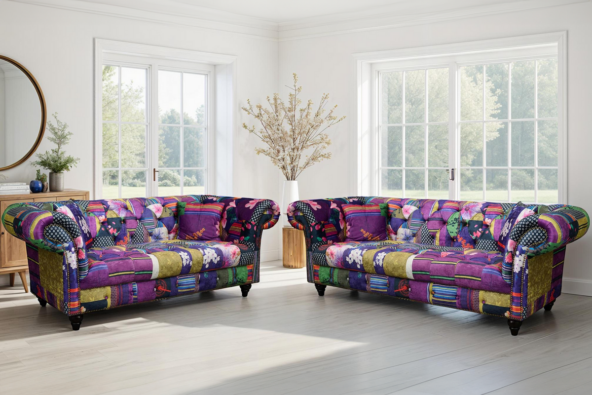 Multicoloured Fabric Patchwork 3 + 2 Seater Scroll Arm Chesterfield Portofino Sofa Set