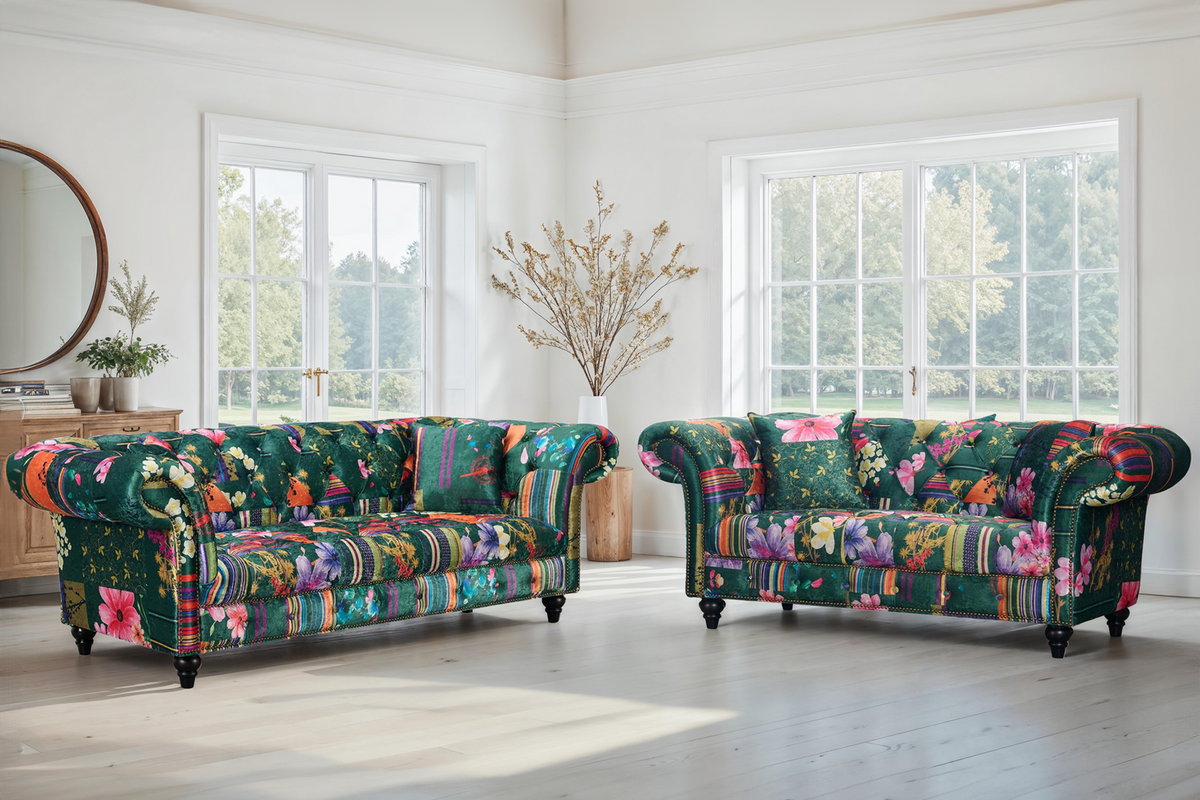 Fabric Green Patchwork 2 + 2 Seater Scroll Arm Chesterfield Portofino Sofa Set