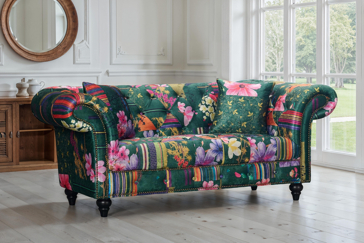 Fabric Green Patchwork 2 Seater Scroll Arm Chesterfield Portofino Sofa Background