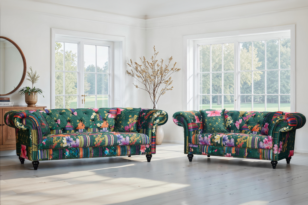 Fabric Green Patchwork 3 + 2 Seater Scroll Arm Chesterfield Portofino Sofa Set Background