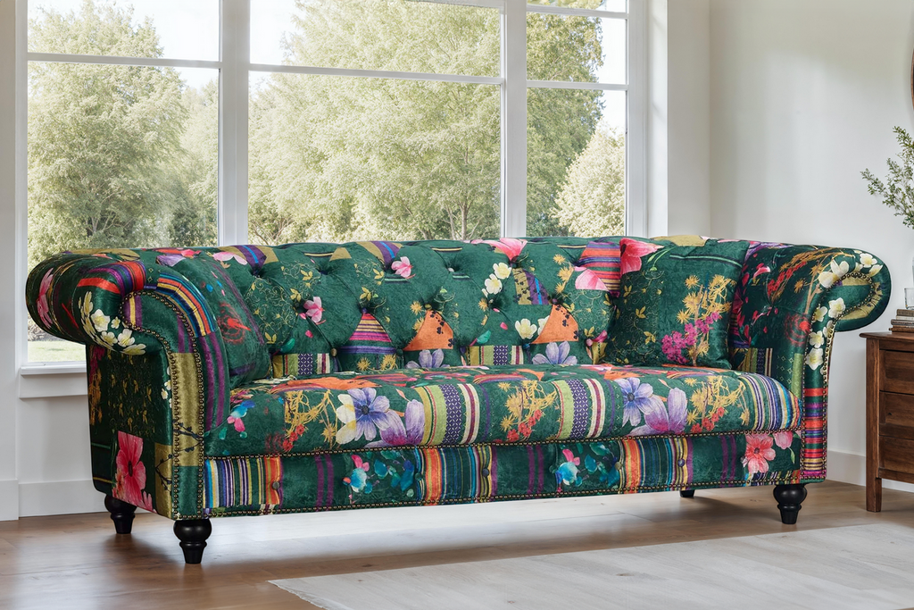 Fabric Green Patchwork 3 Seater Scroll Arm Chesterfield Portofino Sofa Background