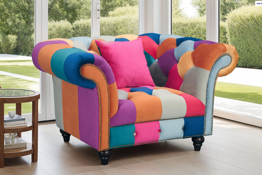Multicoloured Velvet Patchwork 1 Seater Scroll Arm Chesterfield Portofino Sofa Background