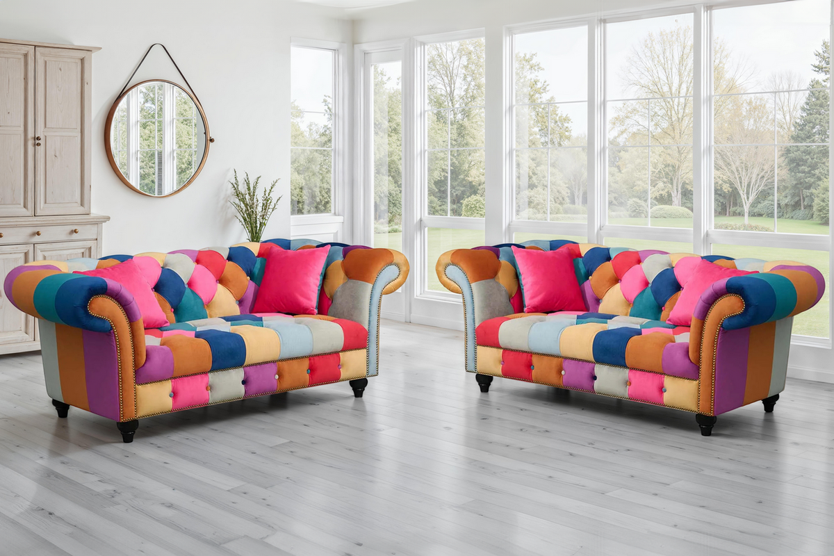 Multicoloured Velvet Patchwork 2 + 2 Seater Scroll Arm Chesterfield Portofino Sofa Set Background