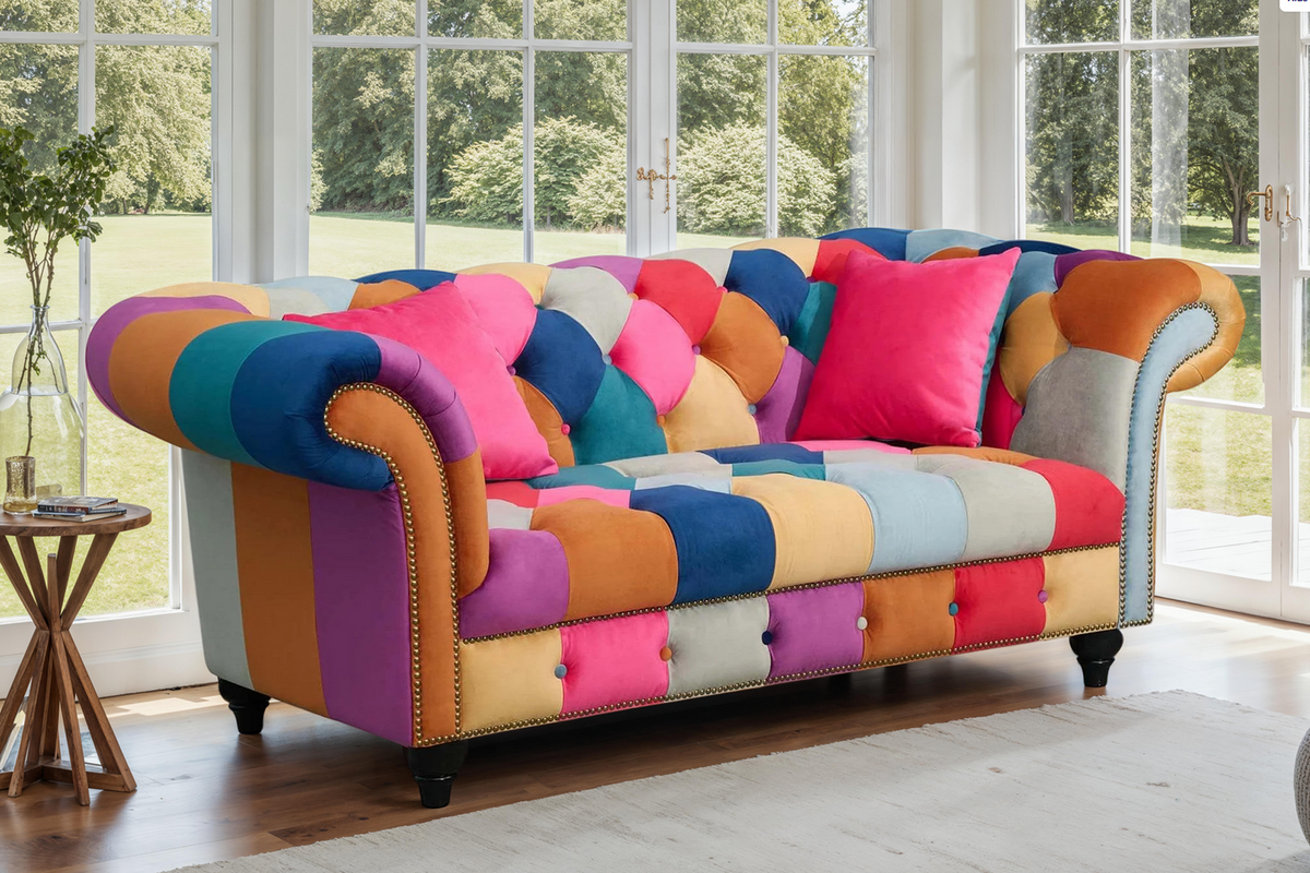 Multicoloured Velvet Patchwork 2 Seater Scroll Arm Chesterfield Portofino Sofa Background