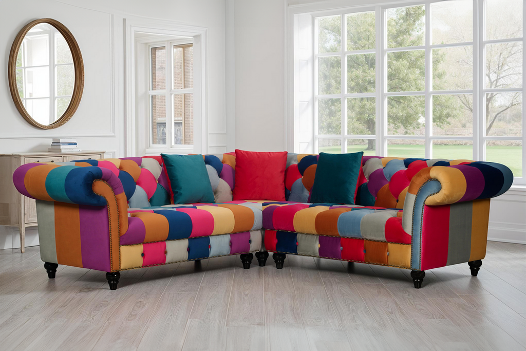 Multicoloured Velvet Patchwork 2C2 Seater Scroll Arm Chesterfield Portofino Corner Sofa