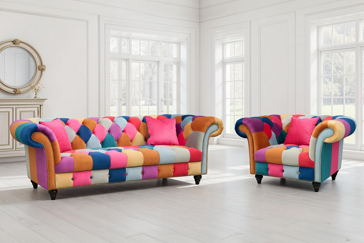 Multicoloured Velvet Patchwork 3 + 1 Seater Scroll Arm Chesterfield Portofino Sofa Set Background