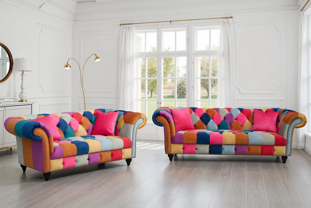 Multicoloured Velvet Patchwork 3 + 2 Seater Scroll Arm Chesterfield Portofino Sofa Set