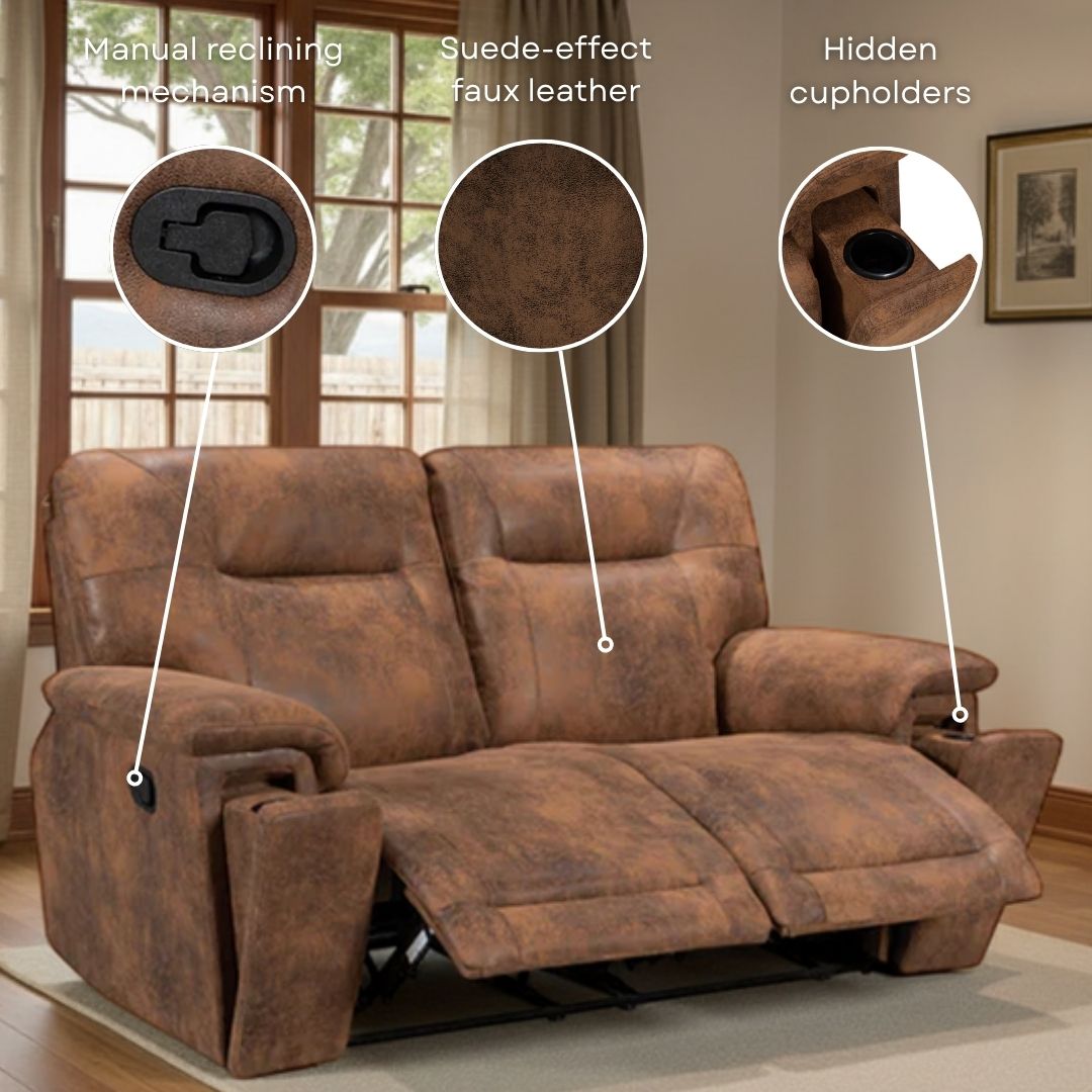 Faux Leather Suede Brown 3 + 1 Seater Manual Recliner Sofa Set MURCIA