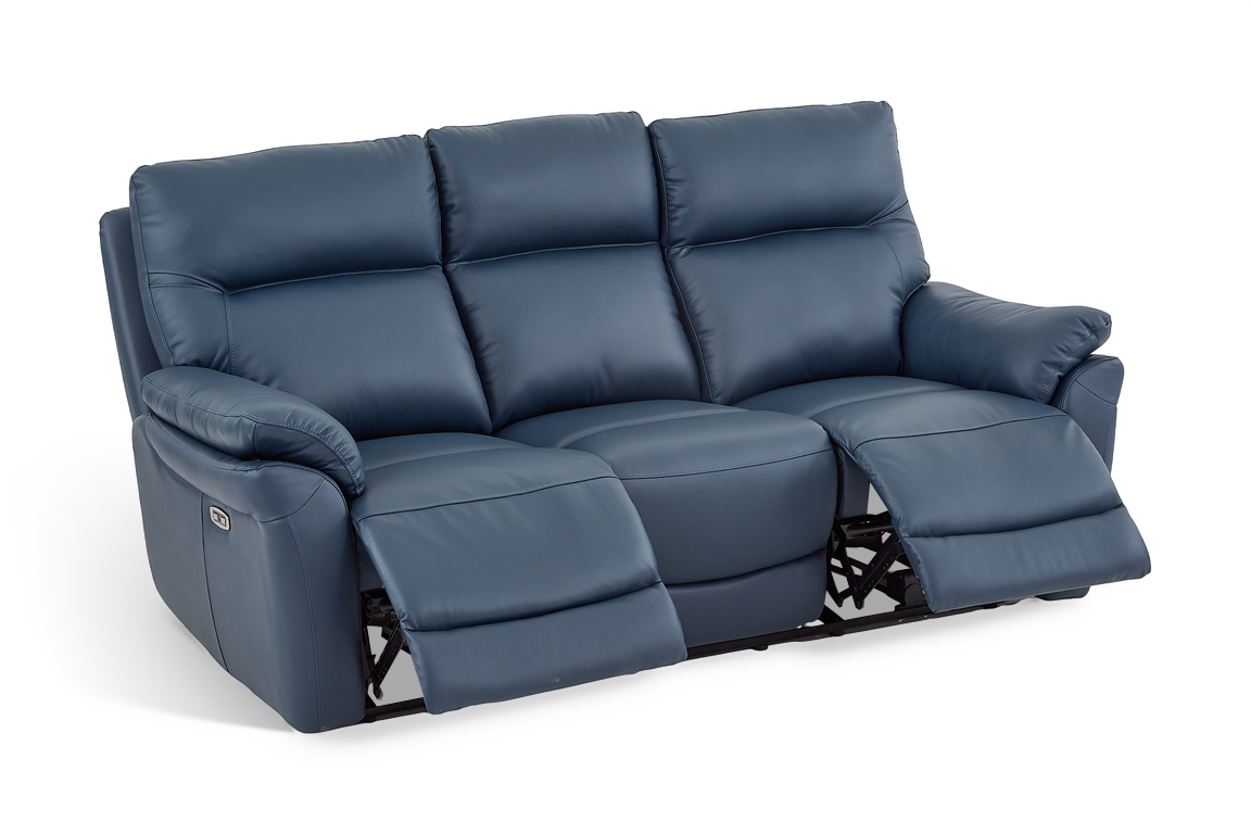 Navy Blue Leather Electric 3 Seater Recliner Sofa CINECITTA