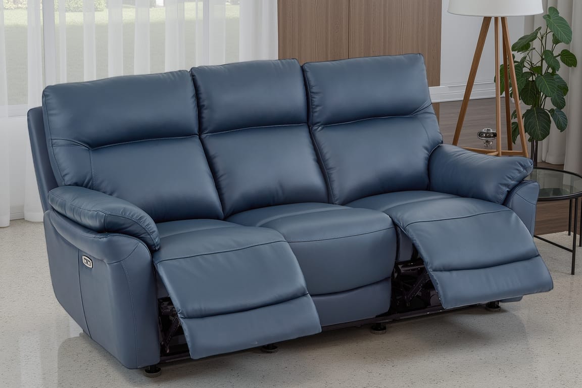 Navy Blue Leather Electric 3 Seater Recliner Sofa CINECITTA