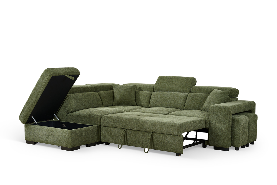 Olive Green Chenille Fabric 1C2 Corner Sofabed with Storage and Ottomans AMELIA