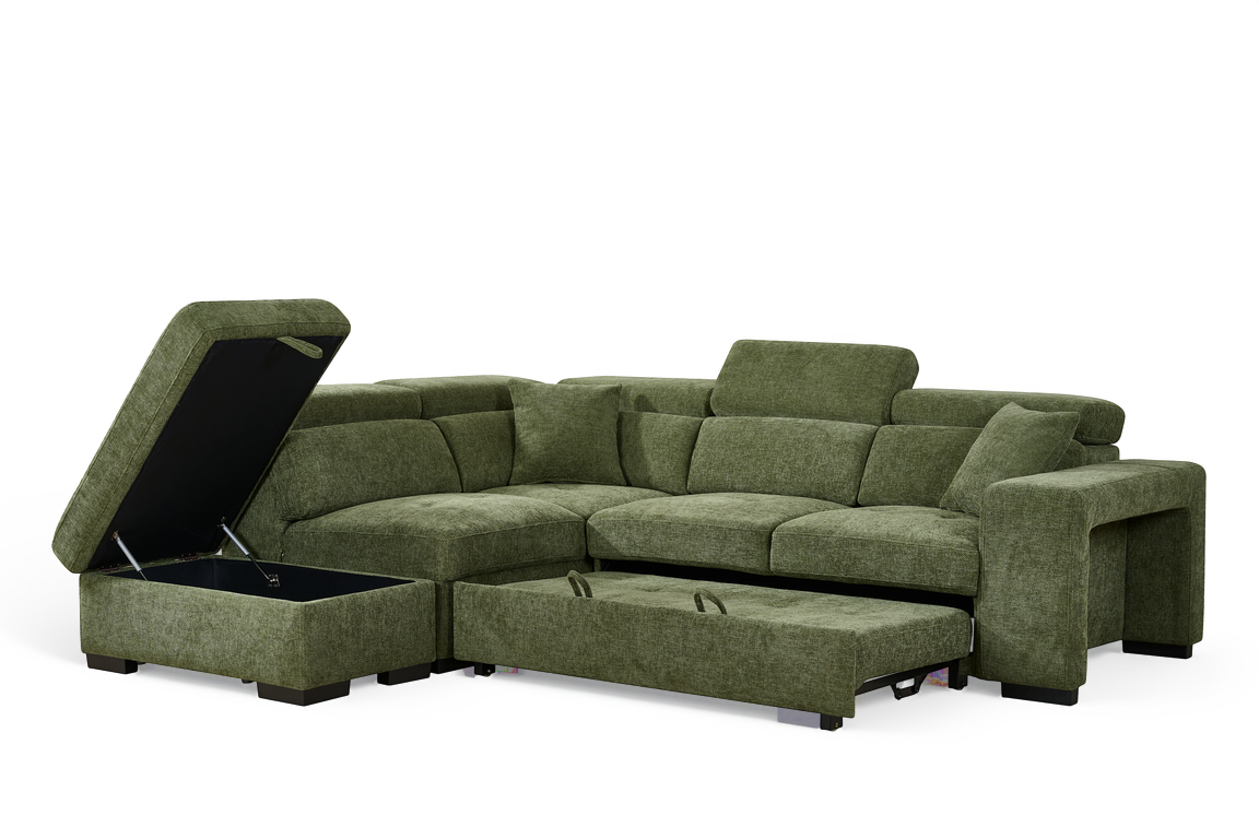 Olive Green Chenille Fabric 1C2 Corner Sofabed with Storage and Ottomans AMELIA