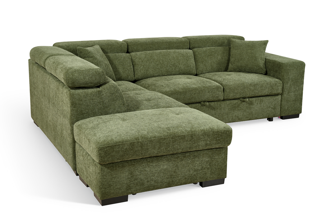 Olive Green Chenille Fabric 1C2 Corner Sofabed with Storage and Ottomans AMELIA