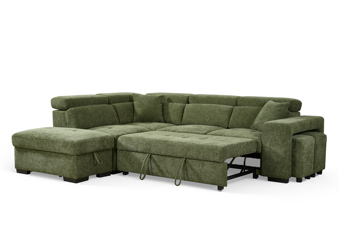 Olive Green Chenille Fabric 1C2 Corner Sofabed with Storage and Ottomans AMELIA