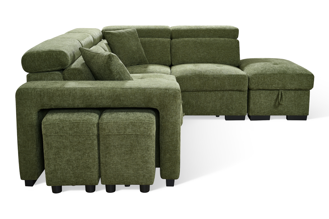 Olive Green Chenille Fabric 2C1 Corner Sofabed with Storage and Ottomans AMELIA