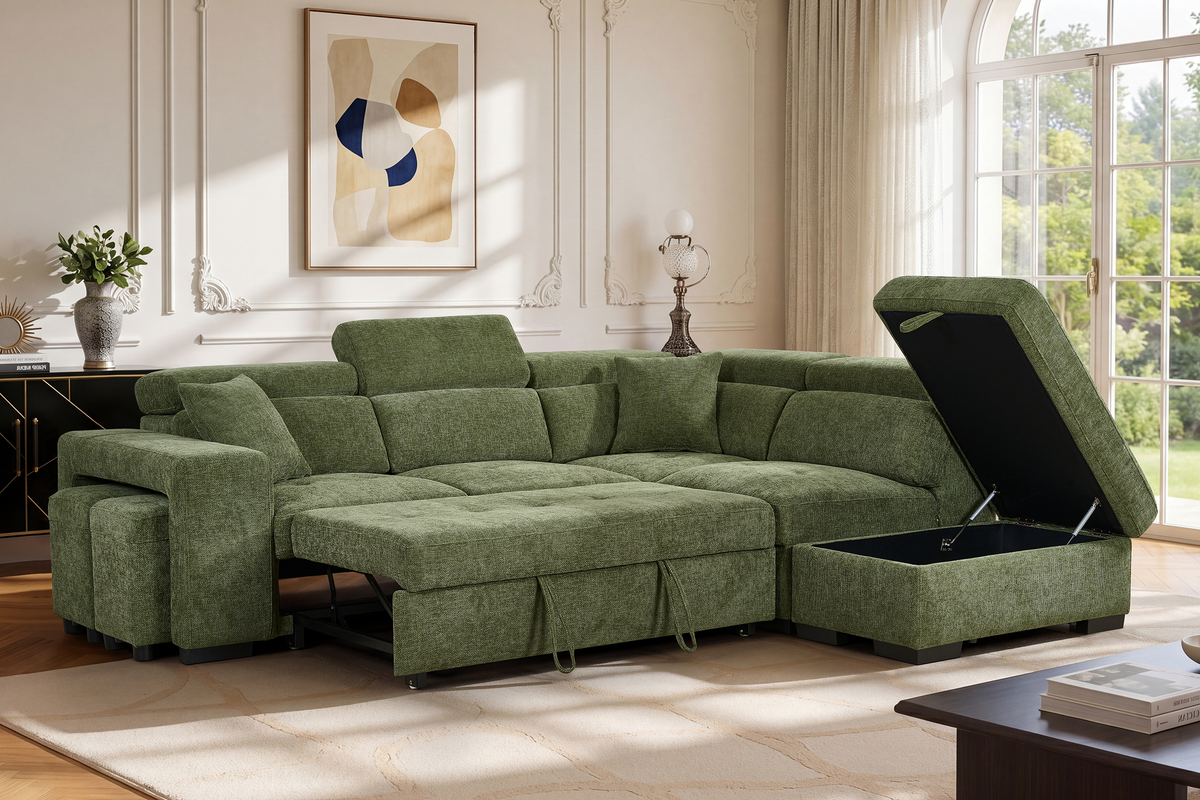 Olive Green Chenille Fabric 2C1 Corner Sofabed with Storage and Ottomans AMELIA