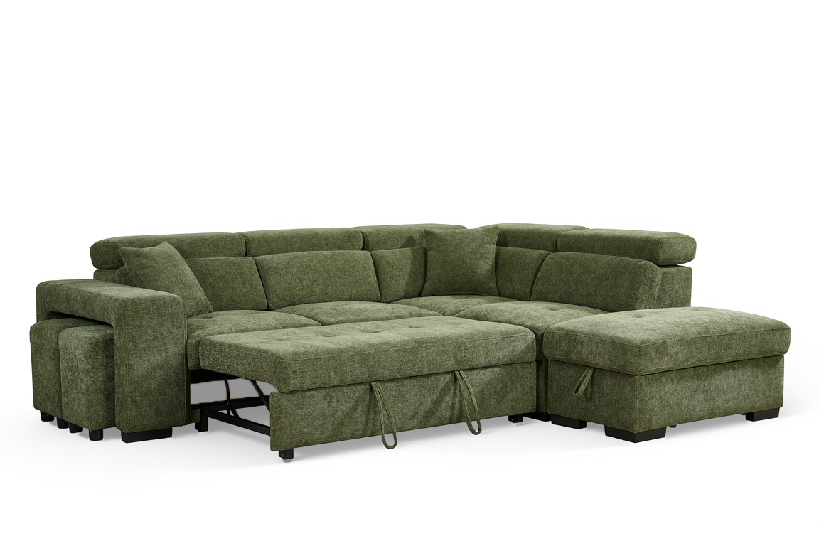 Olive Green Chenille Fabric 2C1 Corner Sofabed with Storage and Ottomans AMELIA