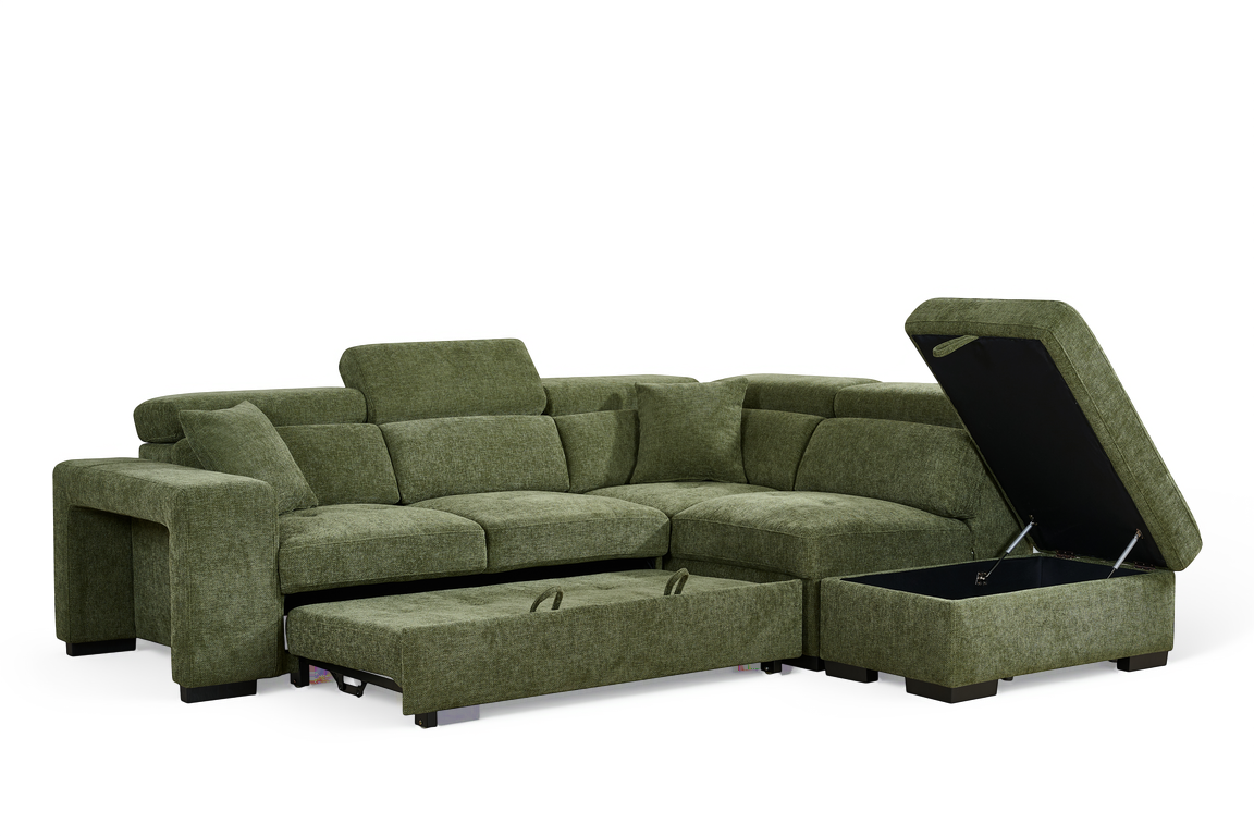 Olive Green Chenille Fabric 2C1 Corner Sofabed with Storage and Ottomans AMELIA