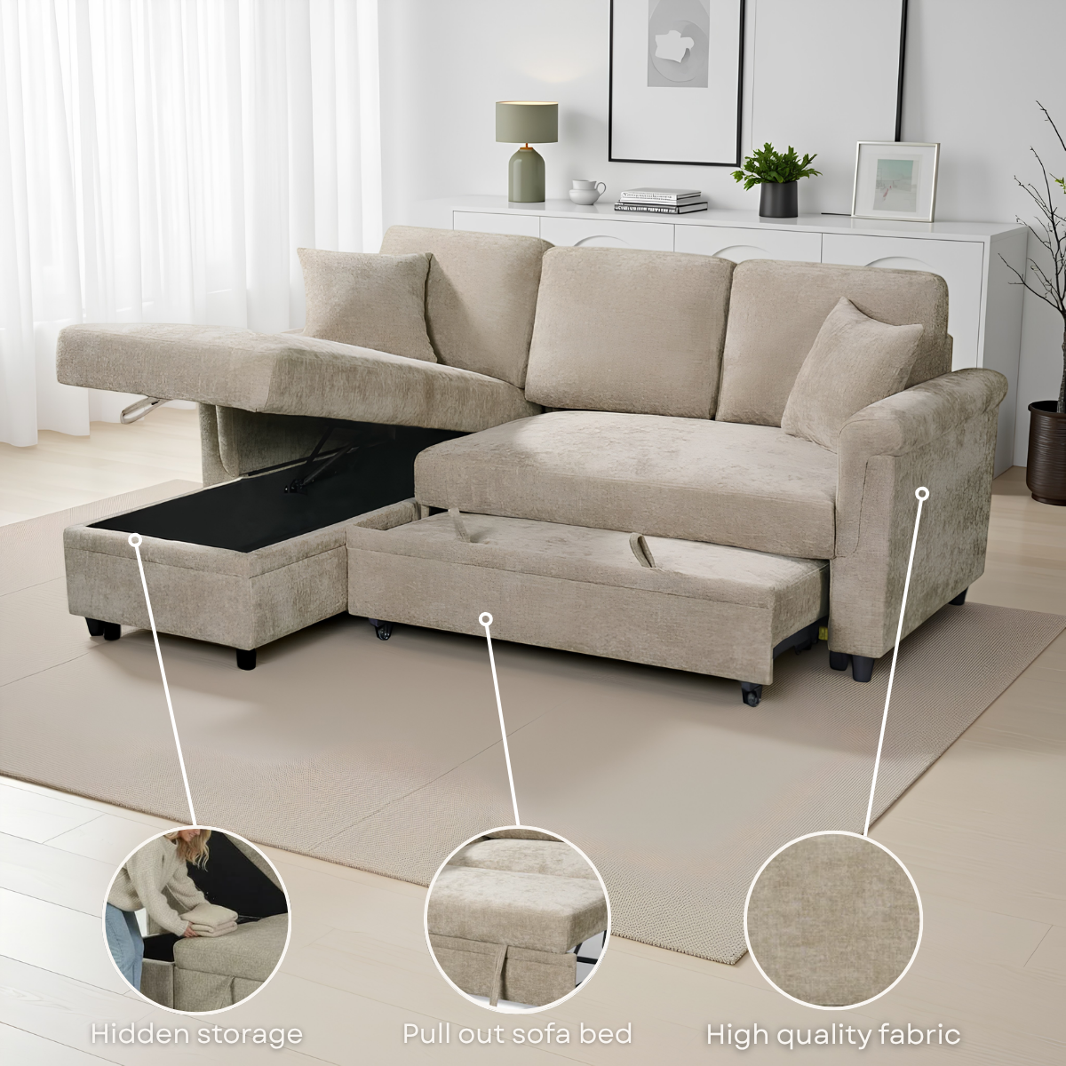 Woven Chenille Grey 1C2 Corner Sofabed with Chaise OSCAR
