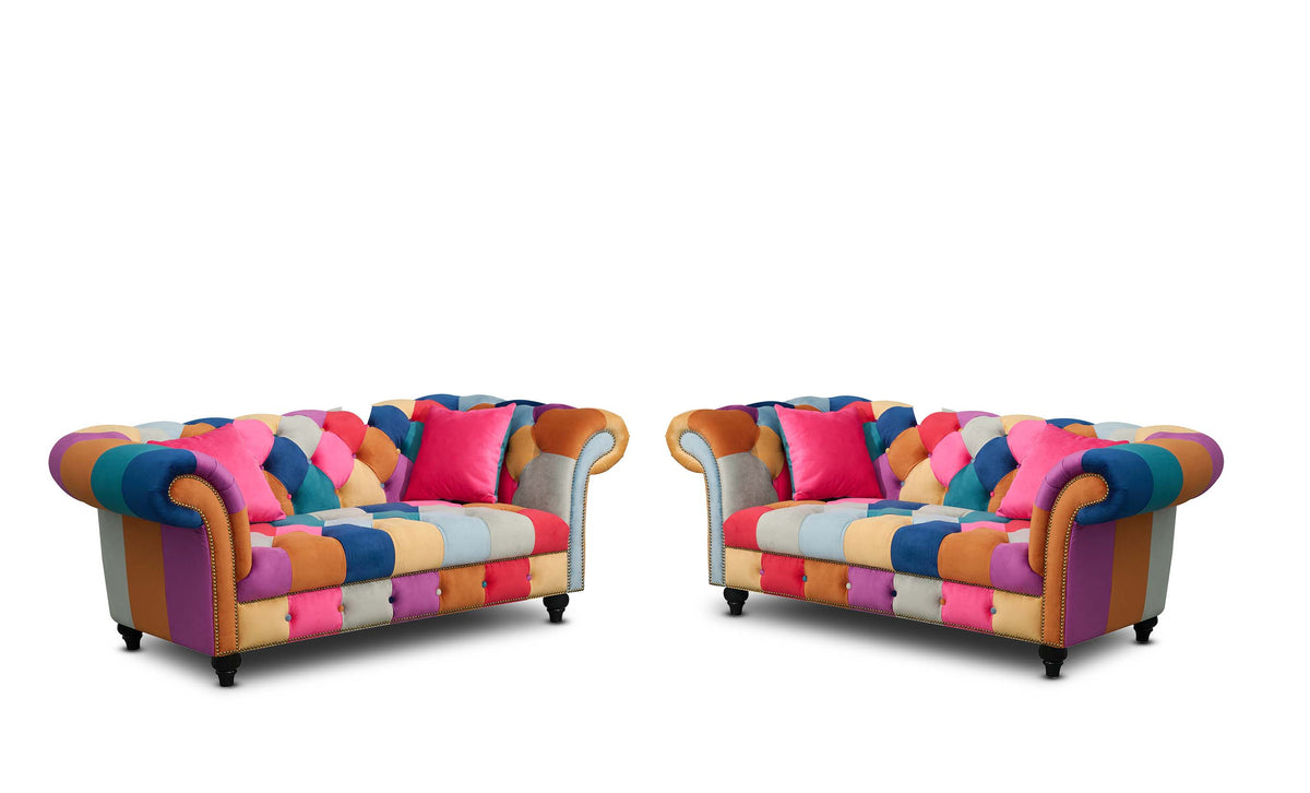 Multicoloured Velvet Patchwork 2+2 Seater Scroll Arm Chesterfield Portofino Sofa Set
