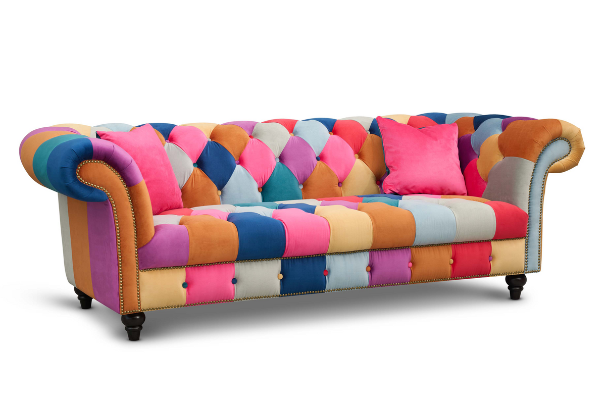 Multicoloured Velvet Patchwork 3 Seater Scroll Arm Chesterfield Portofino Sofa