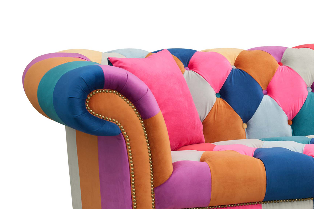 Multicoloured Velvet Patchwork 3 Seater Scroll Arm Chesterfield Portofino Sofa