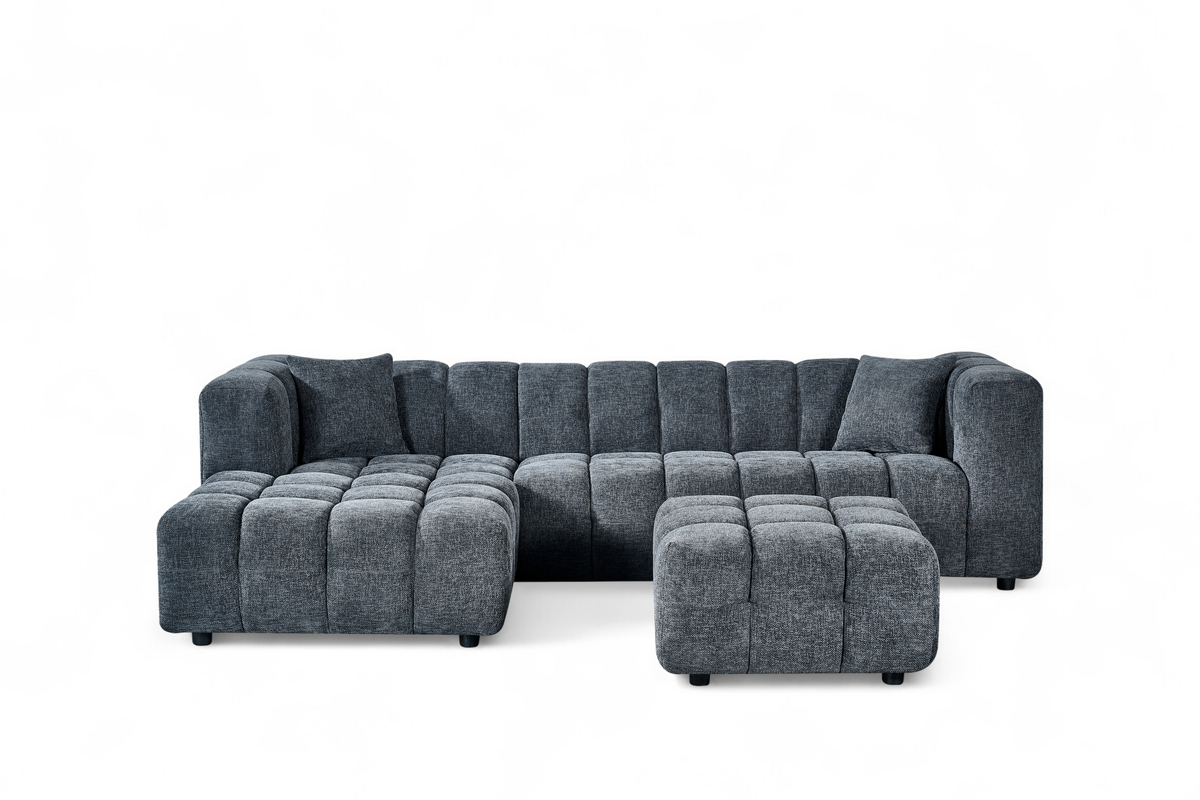 Pale Blue Chenille Fabric Left Hand Facing Corner Sofa with Ottoman LUGANO