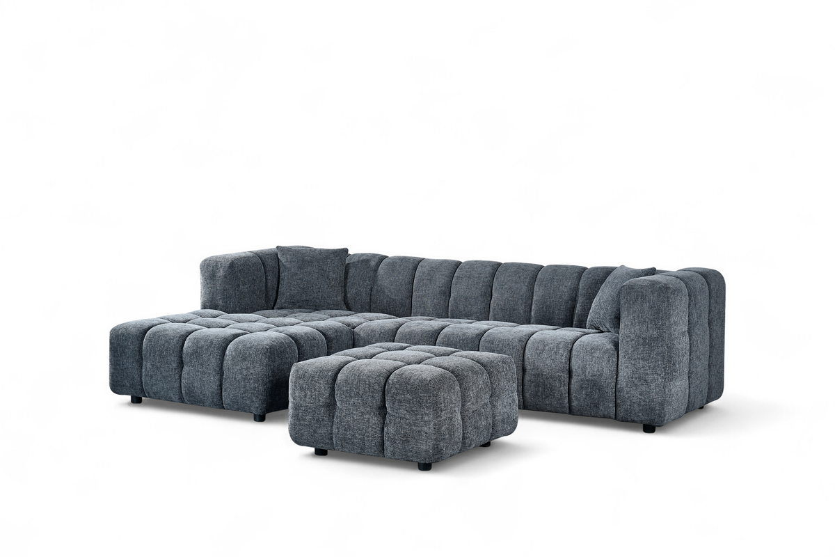 Pale Blue Chenille Fabric Left Hand Facing Corner Sofa with Ottoman LUGANO