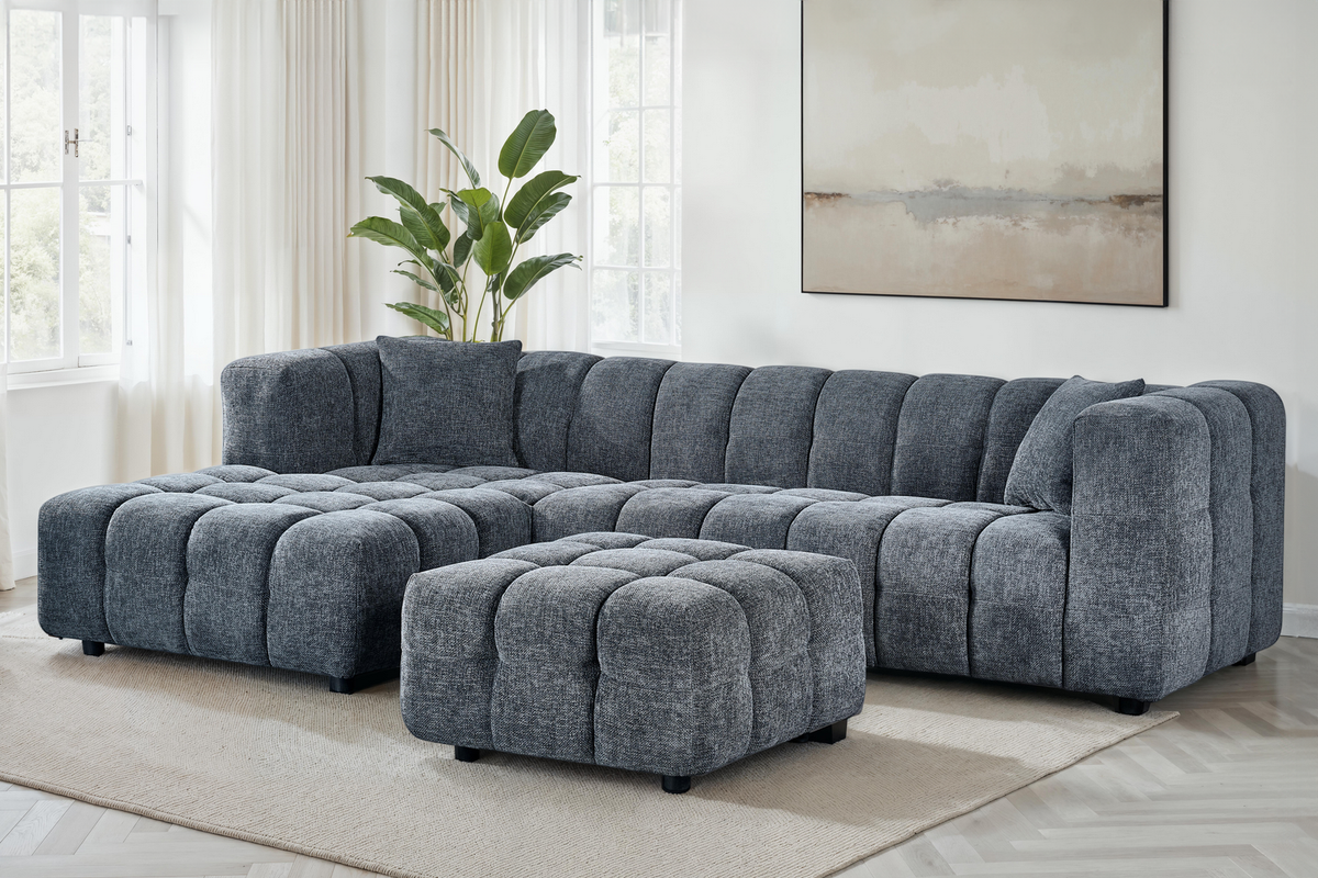 Pale Blue Chenille Fabric Left Hand Facing Corner Sofa with Ottoman LUGANO